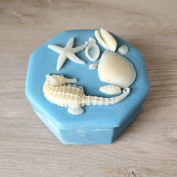 Vtg 3.75" Design Gift Int. Soapstone Blue Swirl Trinket Box Ocean Sea Shells - Picture 1 of 10